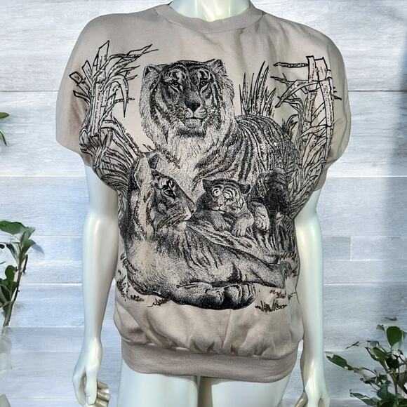 Vintage 90s Tiger Family Glitter Graphic Short Sleeve Sweatshirt Tan Small - Picture 1 of 10